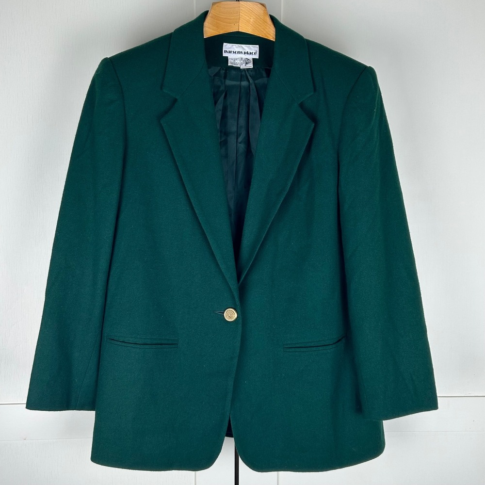 Vintage Blazer Women Size 14 Pure Wool Green Single Button Dark Academia